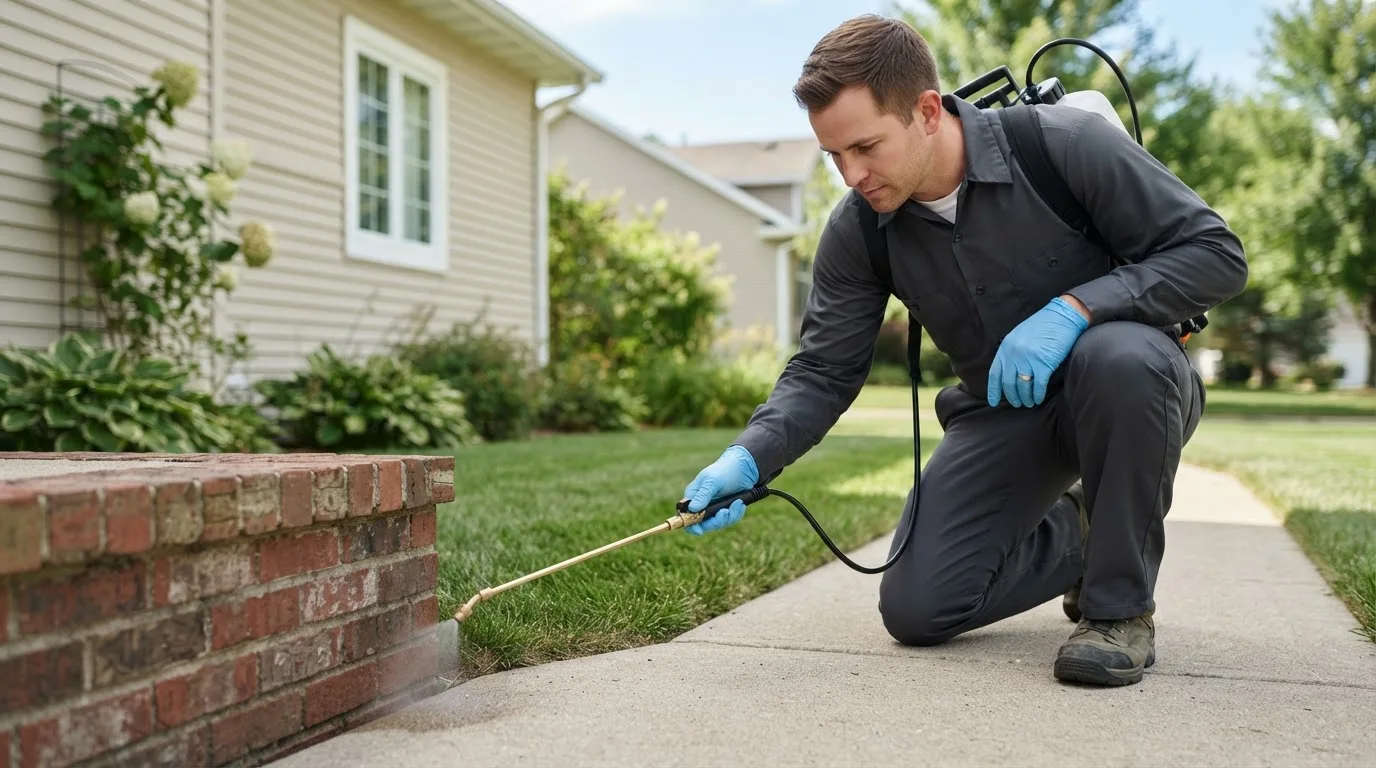 Pest control technician treating a home near Sardinia, OH